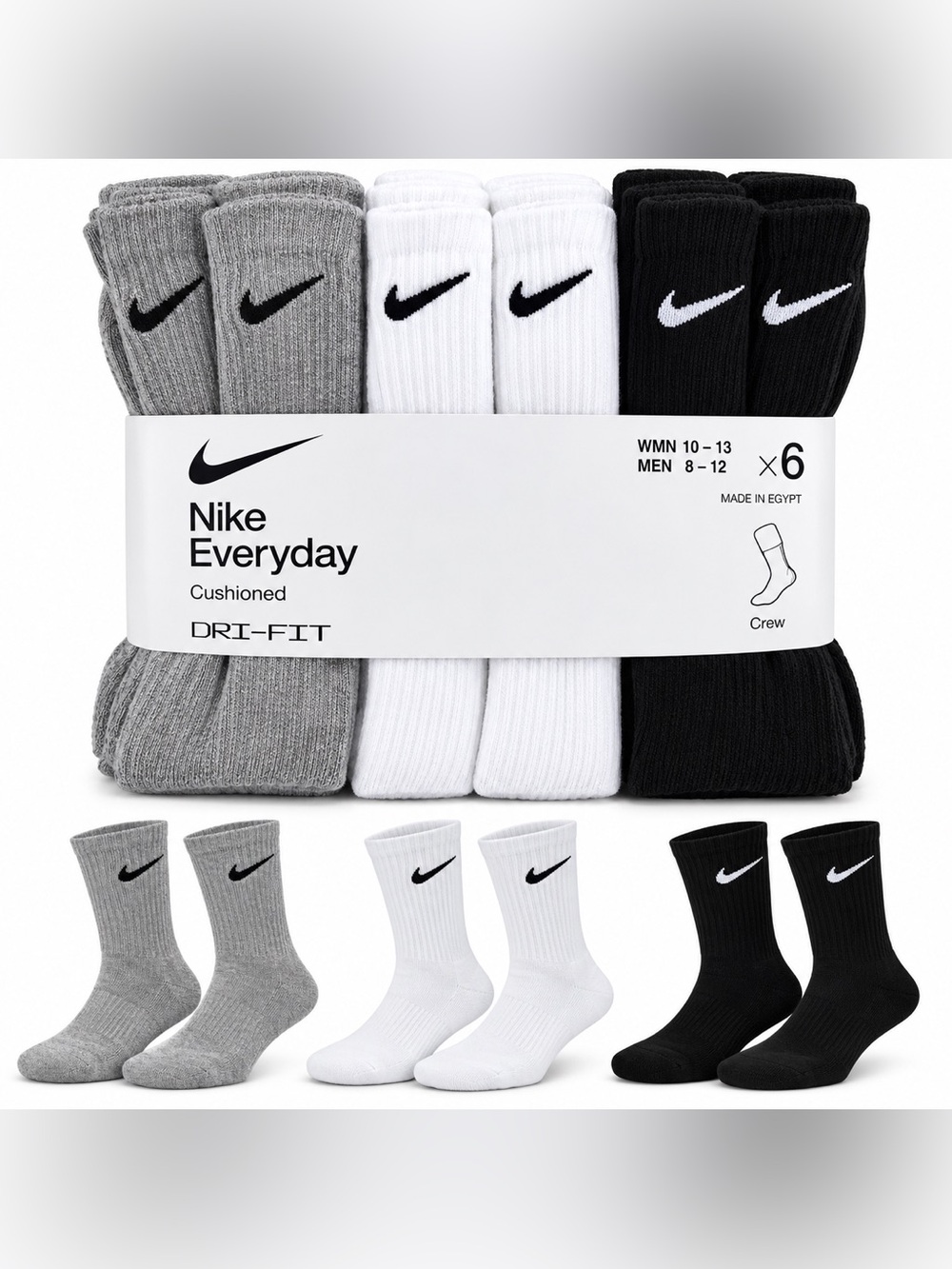 Nike Cushioned Crew Socks - Gray, White, Black (6-Pack)